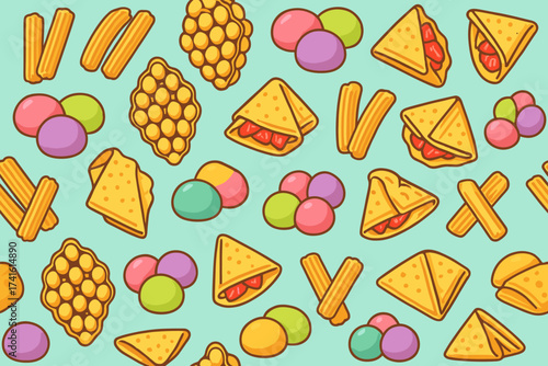 Colorful arrangement of various snacks on a pastel background perfect for a fun celebration gathering