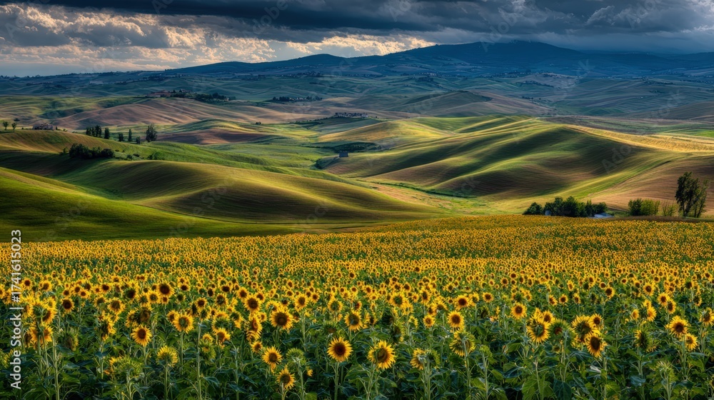 Fototapeta premium Vibrant sunflower field against rolling hills under dramatic sky