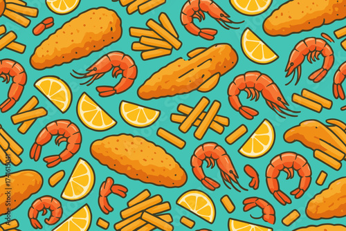 Colorful seafood pattern featuring shrimp, fish fillets, lemon slices, and fries on a turquoise background
