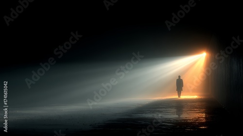 man walking into bright light in darkness