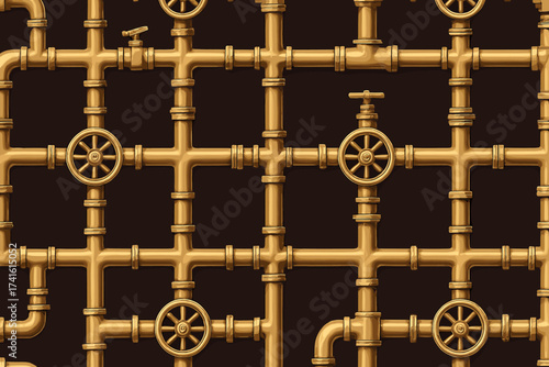 Complex arrangement of golden pipes and valves against a dark backdrop