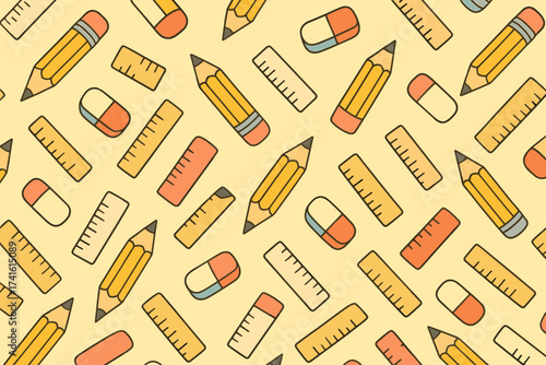 Pattern featuring school supplies and medicine on a light yellow background with playful designs