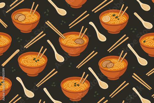 Warm bowls of ramen with chopsticks and spoons in a modern, colorful pattern