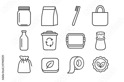 Zero Waste Icons. Outline icon set of zero waste products: reusable jar, paper bag, bamboo toothbrush, cotton