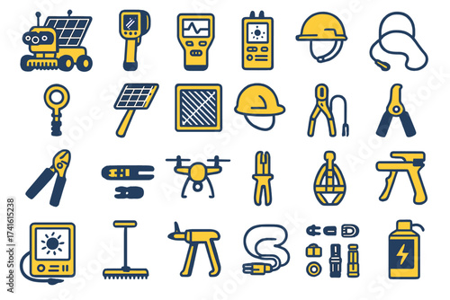 Collection of various tools and safety equipment related to solar energy and technology in a simple graphic design