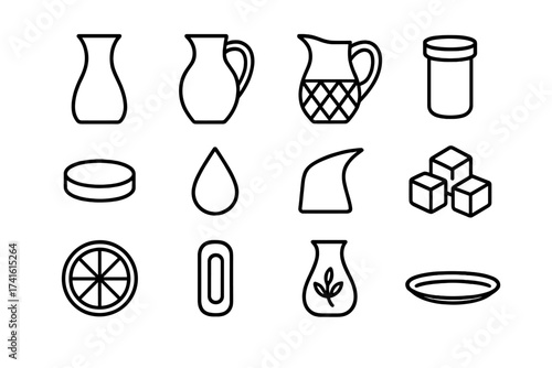 Water Carafe Icon Set. Outline icon set of water carafes: glass carafe, ceramic jug, crystal pitcher, cork