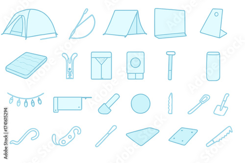 Collection of camping gear and tools for outdoor adventures in nature settings