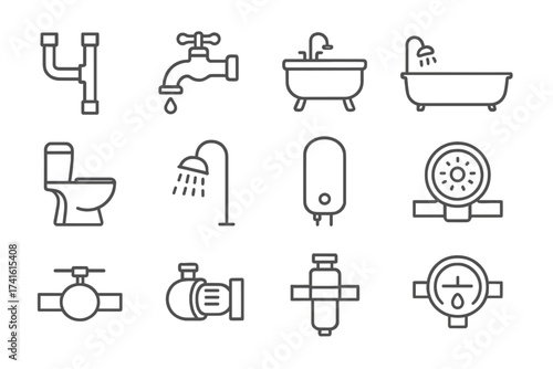 House Plumbing Icons. Outline icon set of house plumbing schematic: water pipe, faucet, sink, bathtub, toilet,