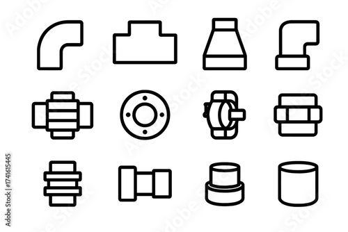 Pipe Fittings Icons. Outline icon set of pipe fittings: elbow joint, T-junction, reducer, coupling, union,