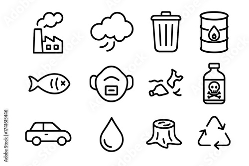 Pollution Awareness Icons. Outline icon set of pollution awareness classes: factory, smoke cloud, trash bin,