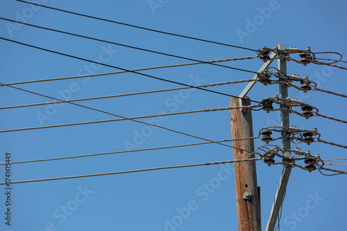 high voltage power lines on blue sky