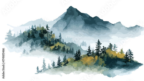 Watercolor Mountainous Landscape Vector Illustration