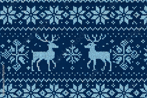 Winter knit pattern featuring reindeer and snowflakes in shades of blue on a dark background