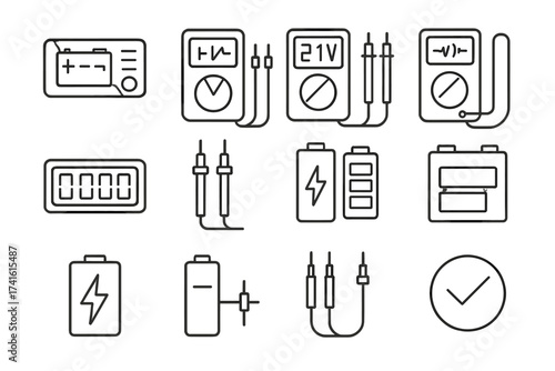 Battery Testing Icons. Outline icon set of battery testing: battery tester, multimeter, voltage reading,