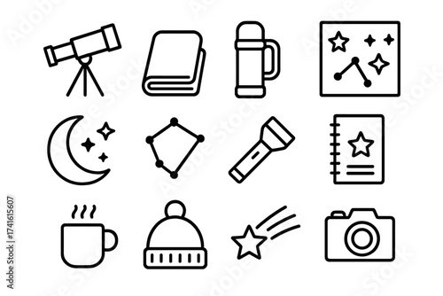 Stargazing Icon Set. Outline icon set of stargazing dates: telescope, blanket, thermos, star map, moon,