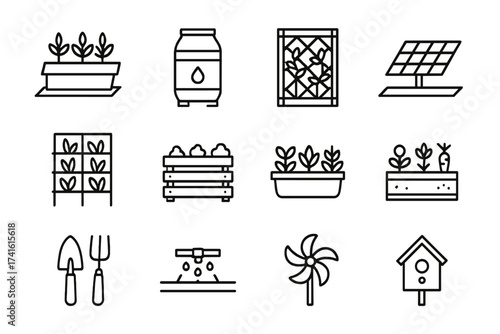 Green Roof Icon Set. Outline icon set of green roof and garden: rooftop planter, rainwater barrel, trellis,