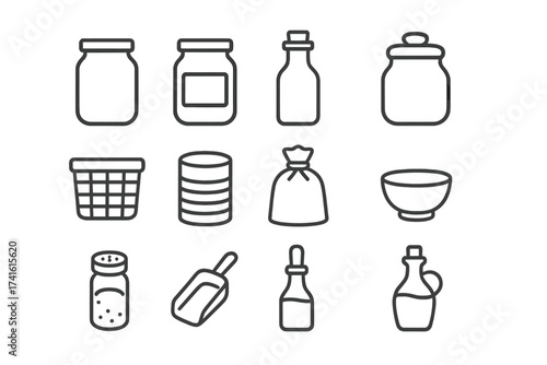 Minimalist Pantry Icons. Outline icon set of minimalist pantry shelf: clear jar, plain label, wooden lid,