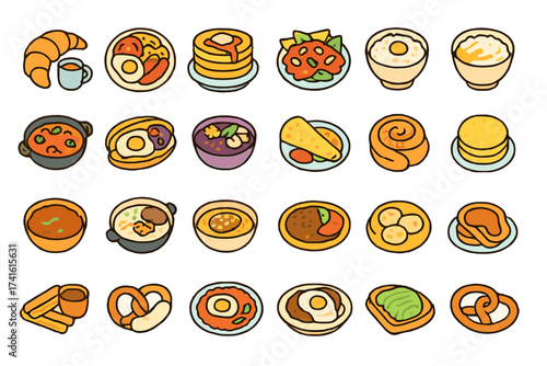 Delicious variety of meals including breakfast items, soups, desserts, and snacks shown in a colorful layout