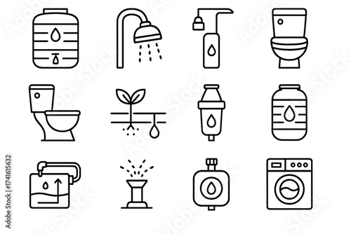 Water-Saving Solutions Icons. Outline icon set of water-saving home solutions: rainwater tank, low-flow