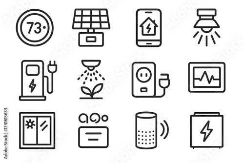 Smart Eco-Home Icons. Outline icon set of smart eco-home technology: smart thermostat, solar inverter, home