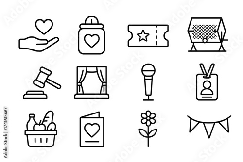 Charity Event Icons. Outline icon set of charity events: heart in hand, donation jar, ticket, raffle drum,