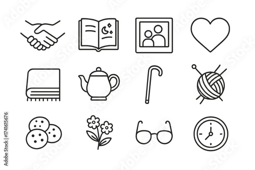 Intergenerational Bonding Icons. Outline icon set of intergenerational bonding: handshake, storytelling book,