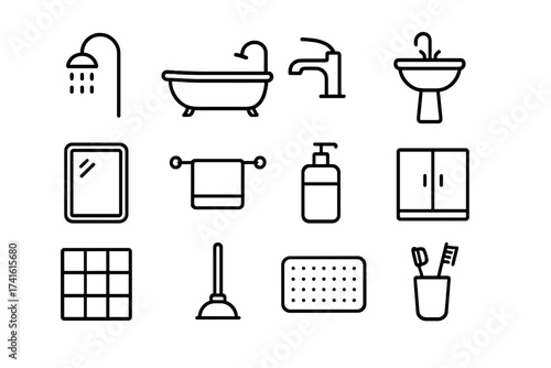 Bathroom Icon Set. Outline icon set of bathroom upgrades: showerhead, bathtub, faucet, sink, mirror, towel