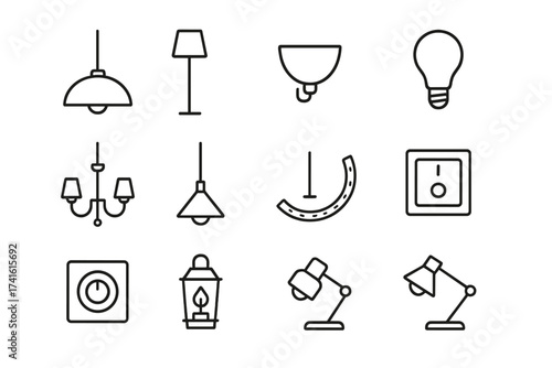 Lighting Icon Set. Outline icon set of lighting upgrades: ceiling lamp, floor lamp, wall sconce, light bulb,