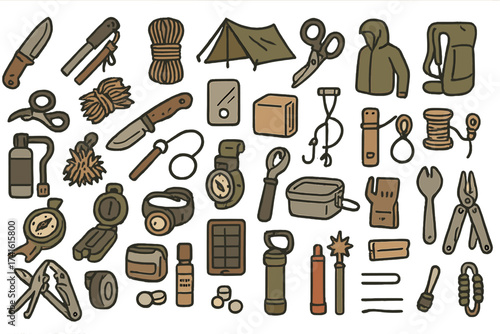 Essential camping and survival gear displayed in a colorful arrangement showcasing various tools and equipment