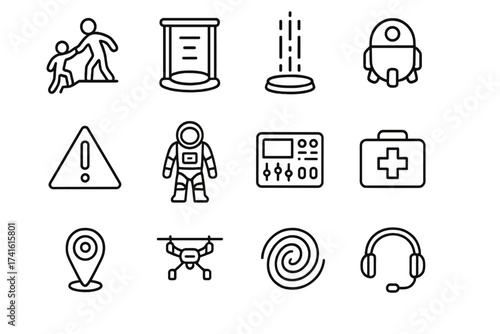 Interdimensional Rescue Icons. Outline icon set of interdimensional rescue missions: rescue icon, teleport pad