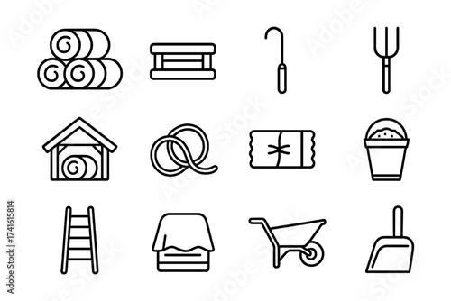 Farm Tools Icon Set. Outline icon set of hay storage setup: stacked hay bales, wooden pallet, hay hook,
