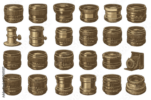 Collection of vintage camera lenses and equipment arranged neatly on a light background, showcasing various styles and sizes in a detailed design