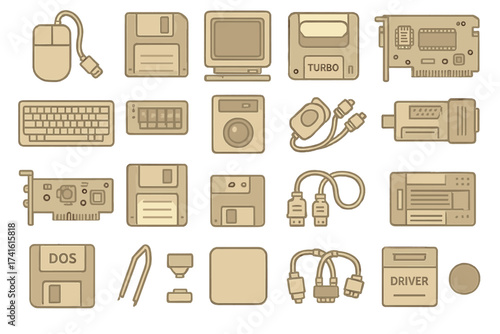 Collection of vintage computer hardware and accessories from the late 20th century displayed on a simple background in neutral tones