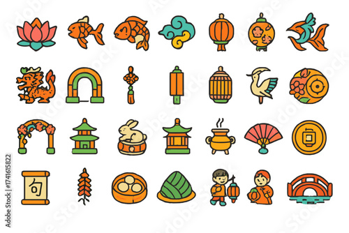 Colorful decorative symbols of culture and tradition displayed in a festive arrangement, showcasing creativity and artistry