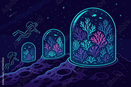 Exploring coral habitats in protective domes on a distant moon under a starry sky