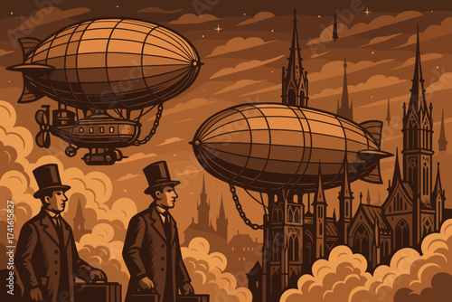 Victorian airship adventure above a city skyline during a sunset with gentlemen in top hats and historic buildings
