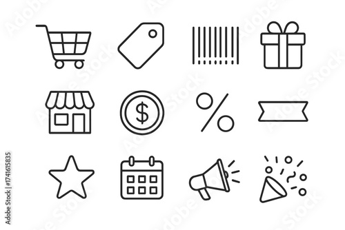 Weekly Deals Icons. Outline icon set of weekly deals flyer: shopping cart, price tag, barcode, gift box, store