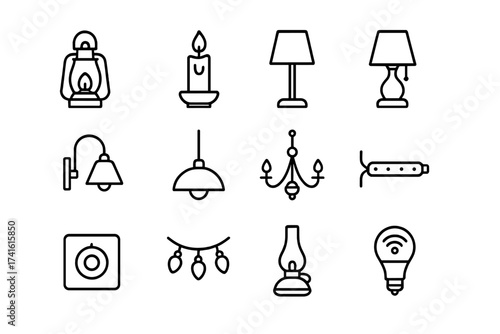 Rustic Lighting Icons. Outline icon set of rustic cabin lighting: lantern, candle, floor lamp, table lamp,