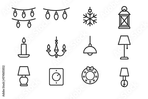 Festive Lighting Icons. Outline icon set of festive holiday lighting: fairy lights, string lights, LED