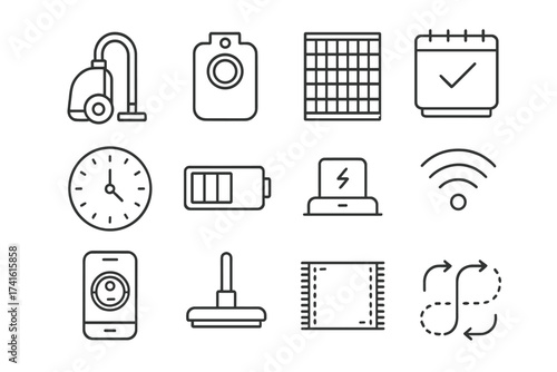 Vacuum Cleaner Icons. Outline icon set of vacuum cleaner maintenance schedule: vacuum cleaner, dust bag, HEPA