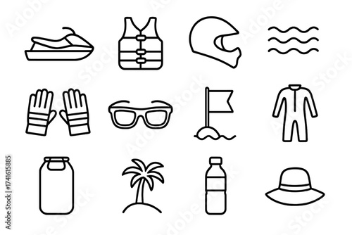 Jet Ski Icon Set. Outline icon set of jet skiing: jet ski, life vest, helmet, waves, gloves, sunglasses, beach