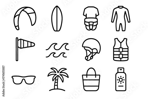 Kitesurfing Icon Set. Outline icon set of kitesurfing: kite, surfboard, harness, wetsuit, wind indicator,