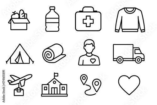 Humanitarian Aid Icons. Outline icon set of humanitarian aid for refugees: food package, water container,