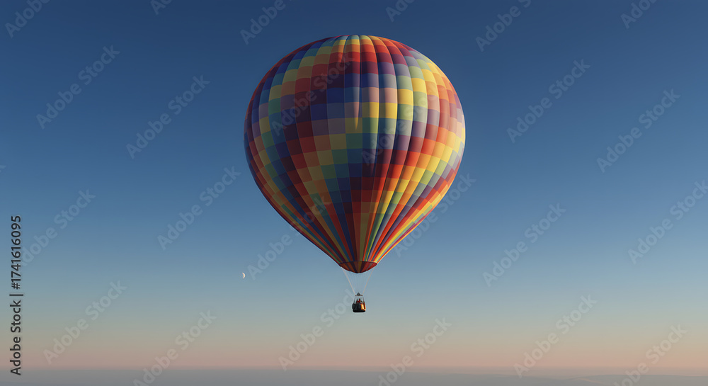 Fototapeta premium Experience the magic of a vibrant hot air balloon soaring peacefully through the clear blue sky at twilight