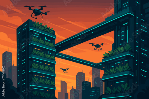 Drones flying over futuristic urban buildings at sunset with green plants on rooftops