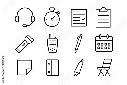 Stage Management Icons. Outline icon set of stage management tools: headset, stopwatch, cue sheet, clipboard,