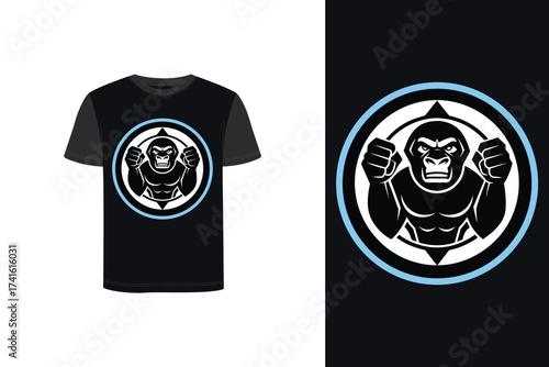 Stylized Tshirt mockup gorilla fist in a blue circle logo symbol