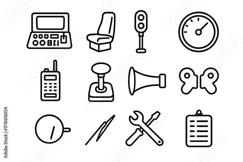 Train Operations Icons. Outline icon set of train operations: control panel, driver seat, signal light,
