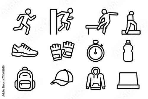Parkour Moves Icons. Outline icon set of parkour moves: running figure, wall jump, vault, balance beam,