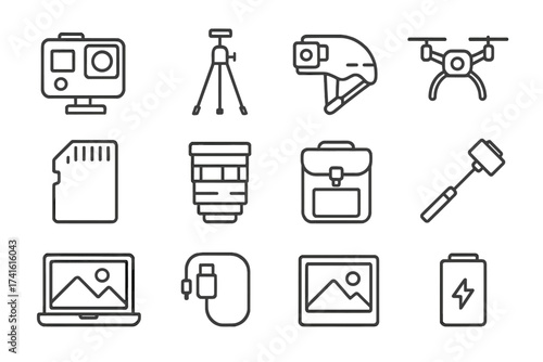 Extreme Sports Icons. Outline icon set of extreme sports photography: action camera, tripod, helmet cam, drone